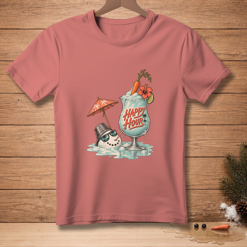 T-shirt with melting snowman and "Happy Hour" drink graphic.