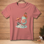 T-shirt with melting snowman and "Happy Hour" drink graphic.