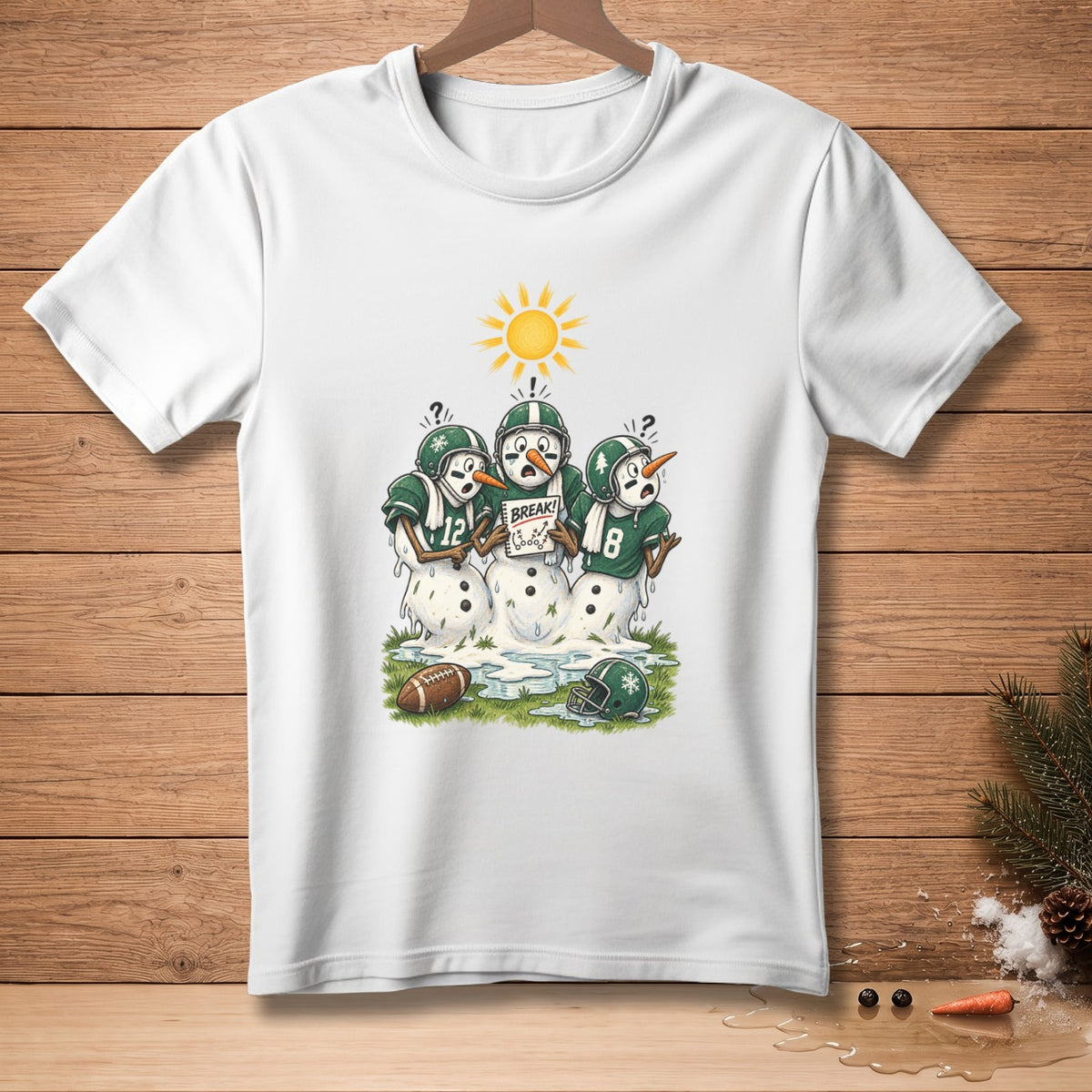 Three melting snowmen in football uniforms with "BREAK!" sign and sun.