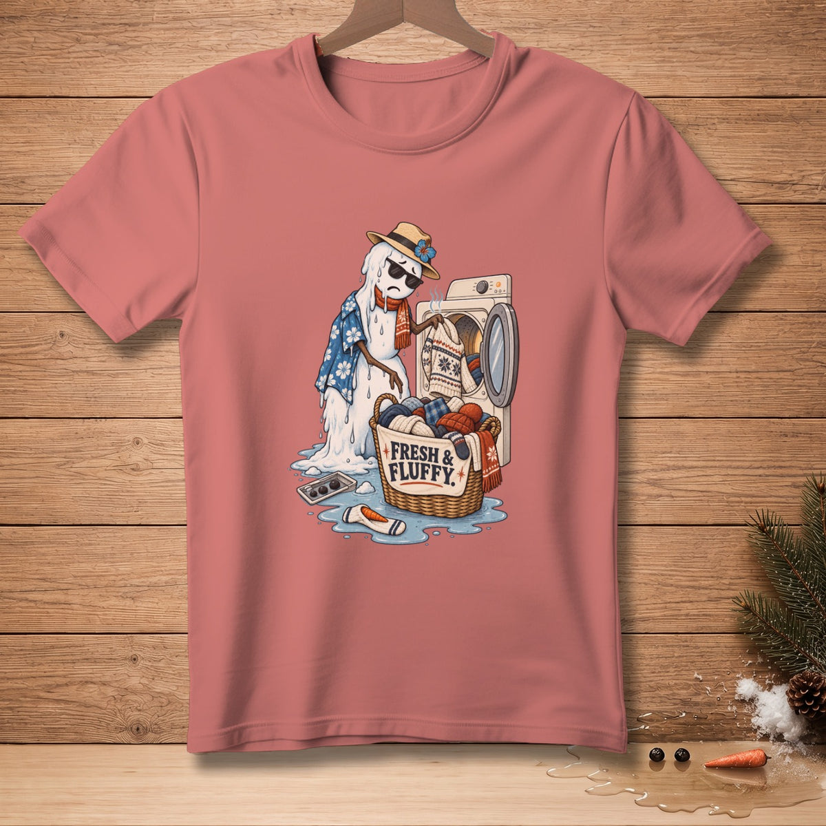 Melting snowman doing laundry, "Fresh & Fluffy" text on basket.