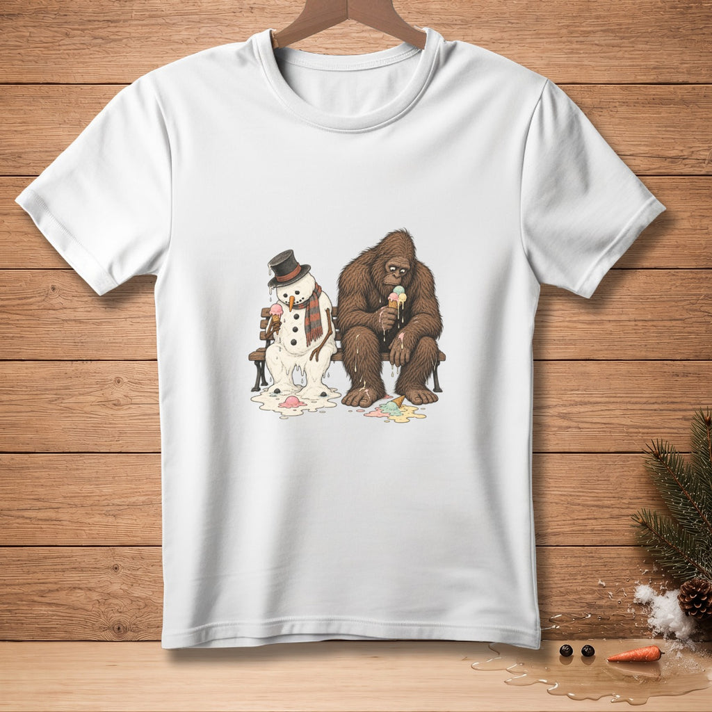 Bigfoot and melting snowman sit on a bench eating ice cream.