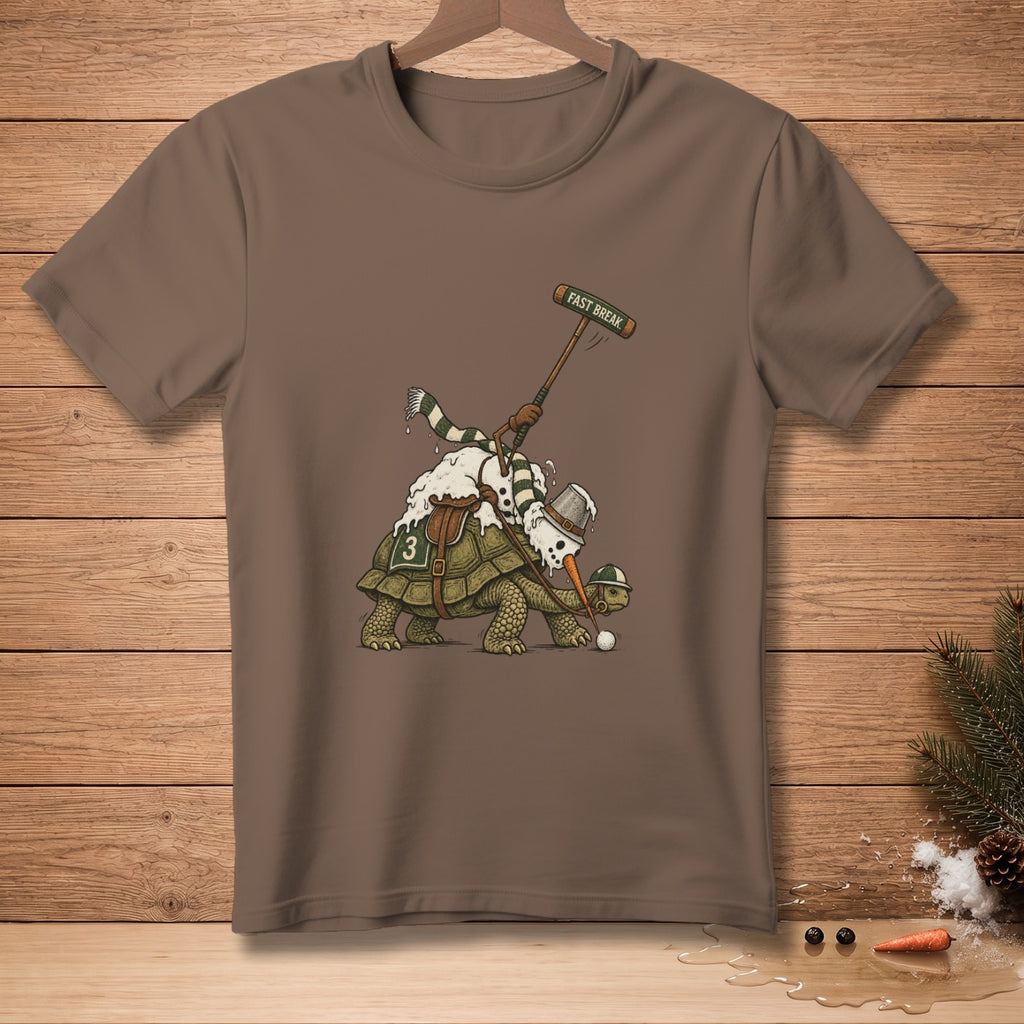 Snowman riding a turtle playing polo with "FAST BREAK" on mallet.