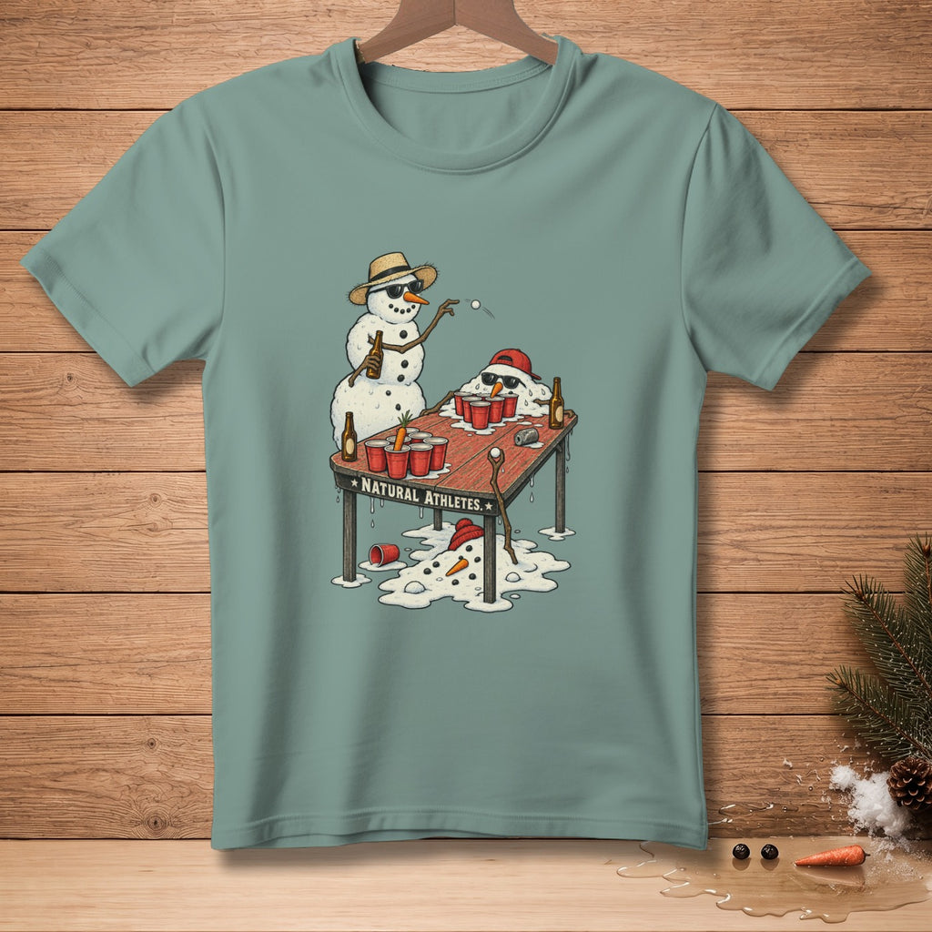 Snowmen playing beer pong with melted snowmen, "NATURAL ATHLETES" text.