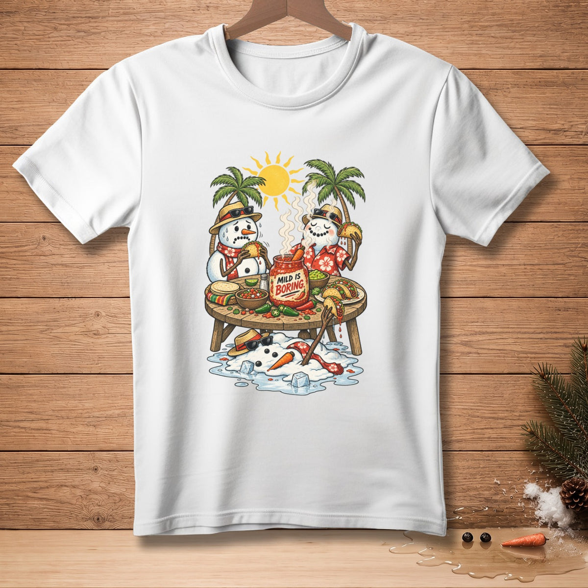 Snowmen eating tacos under palm trees with text "Mild is Boring".