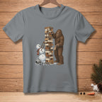 Bigfoot builds a Jenga tower next to melting snowmen with a carrot.