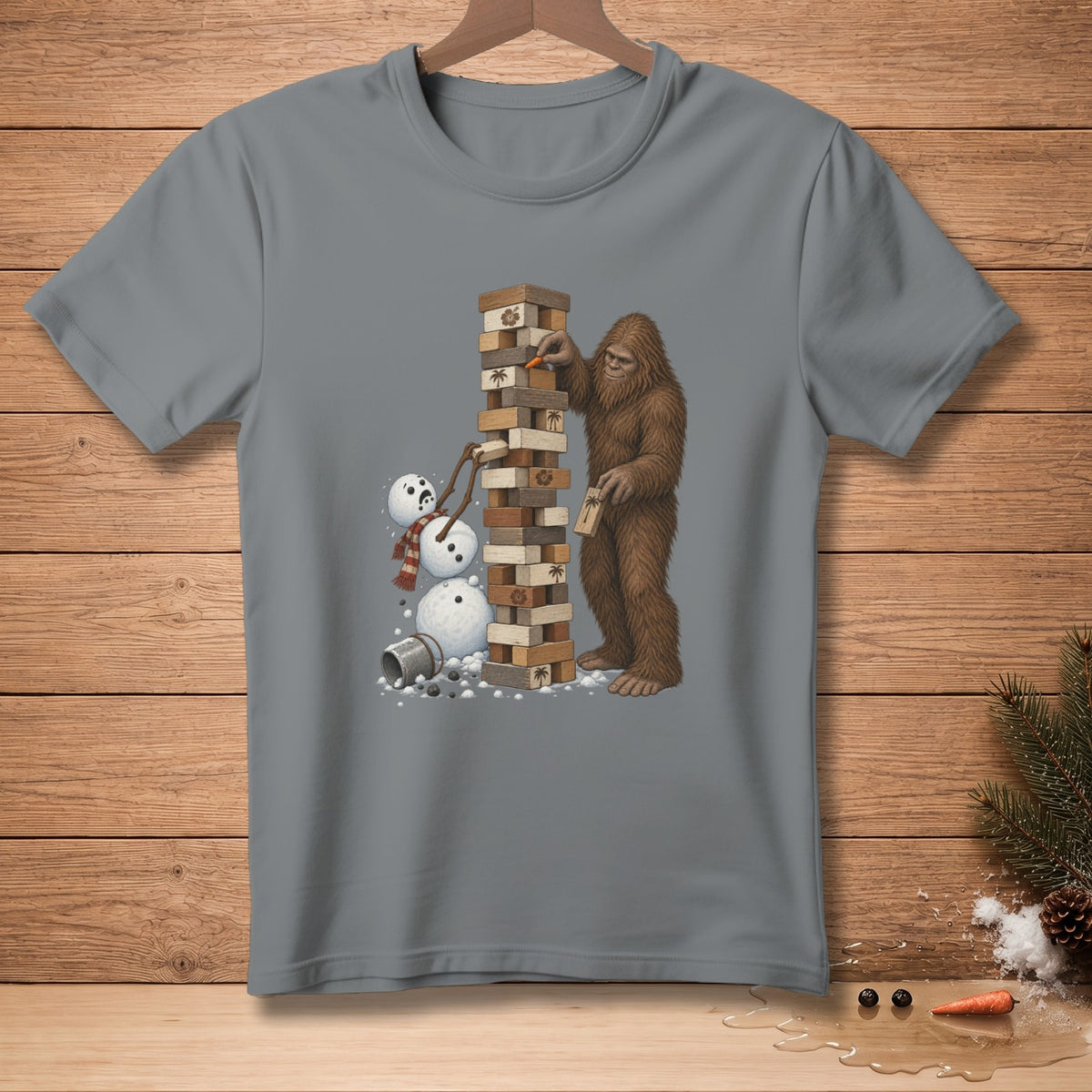 Bigfoot builds a Jenga tower next to melting snowmen with a carrot.