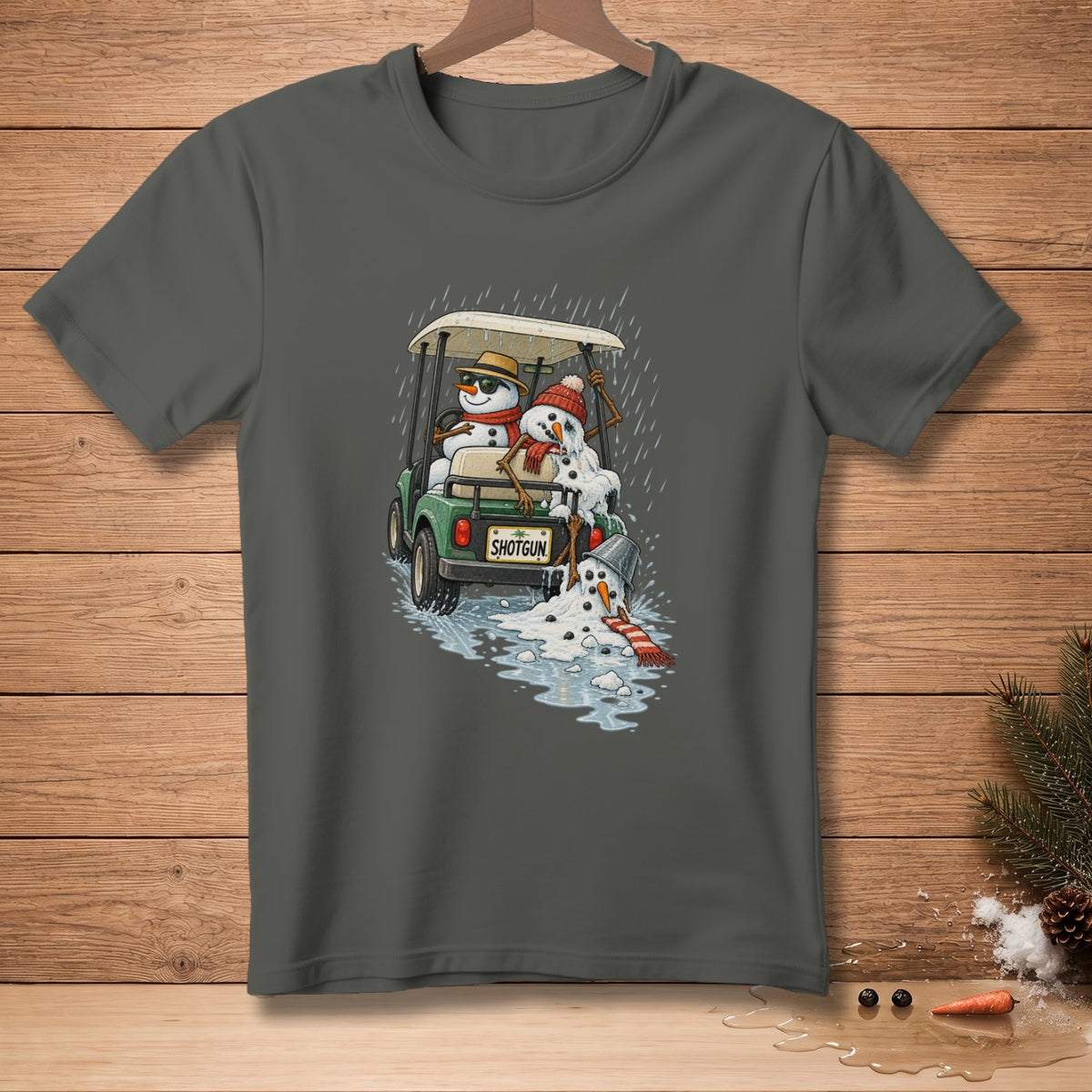Snowmen melting in a golf cart with a "SHOTGUN" license plate during a rainstorm.