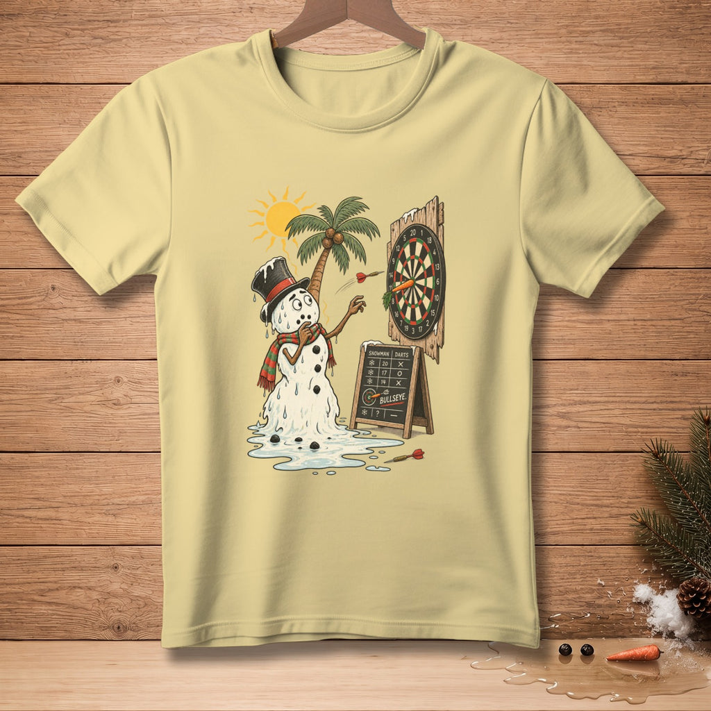 Melting snowman playing darts under a hot sun next to a palm tree.