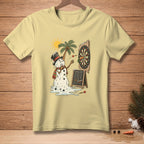 Melting snowman playing darts under a hot sun next to a palm tree.