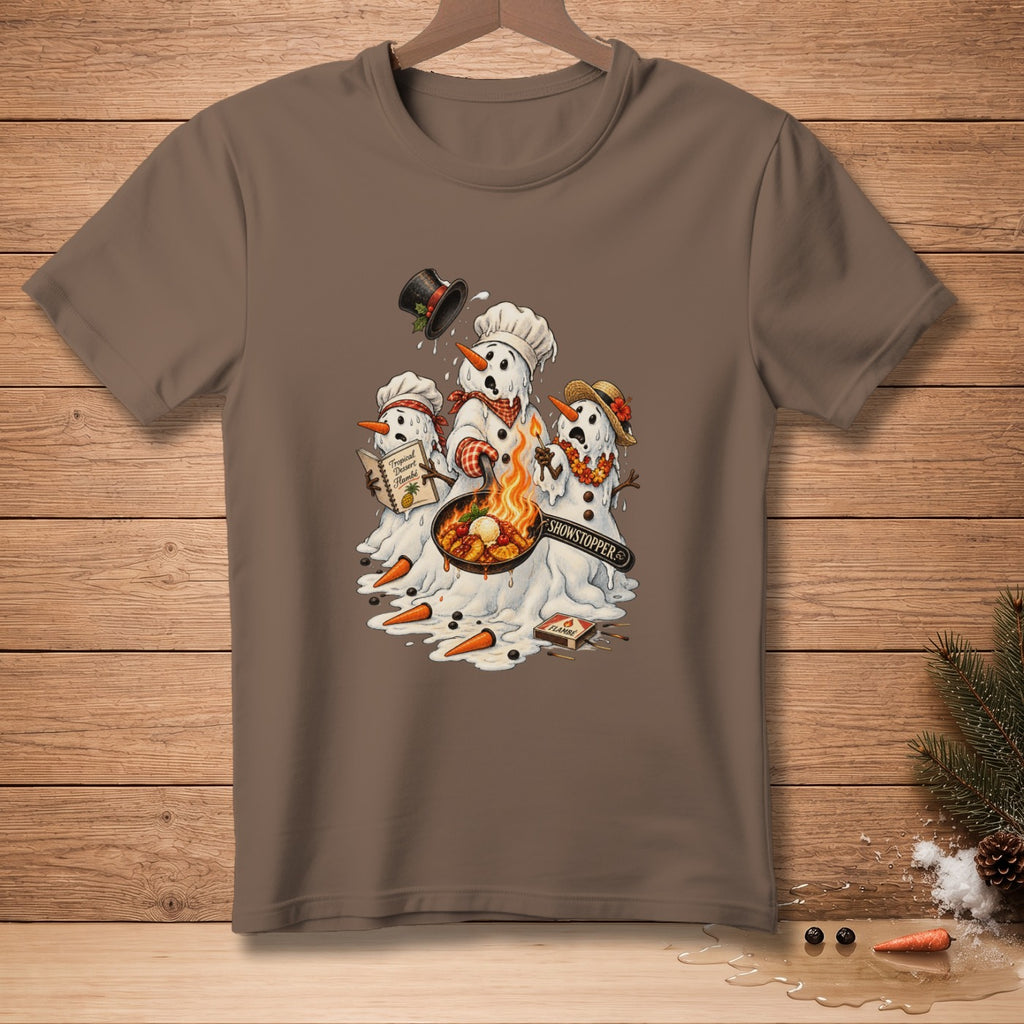 Melting snowmen cooking a flambe with "Showstopper" text on shirt.