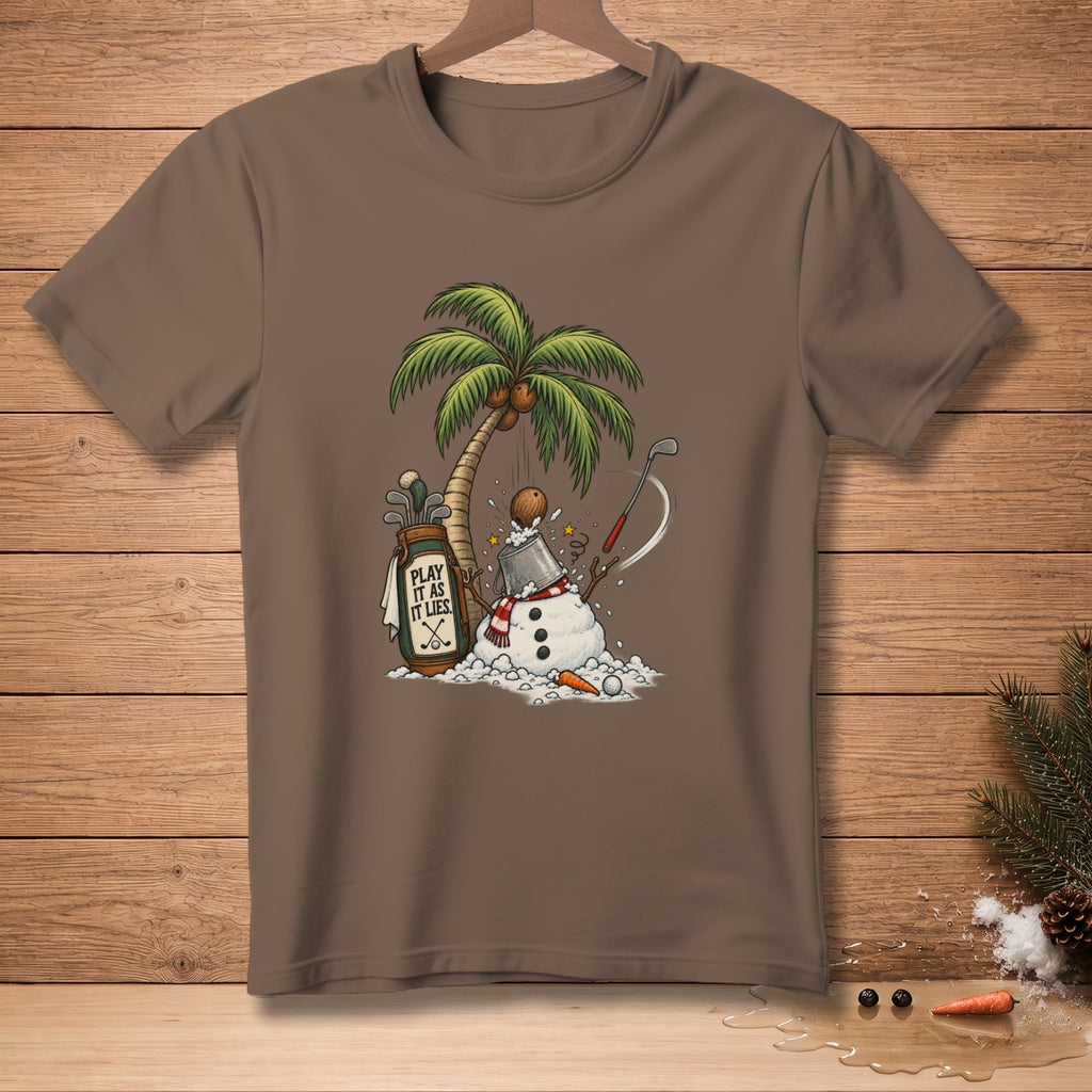 Snowman playing golf with a palm tree and golf bag that says "Play it as it lies".