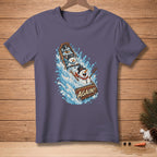 T-shirt with snowmen in a log flume ride, splashing water, saying "AGAIN!"