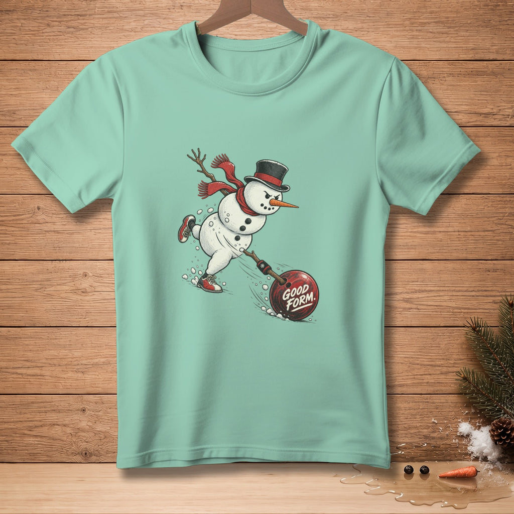Snowman in top hat and scarf bowling a red ball with text "GOOD FORM".