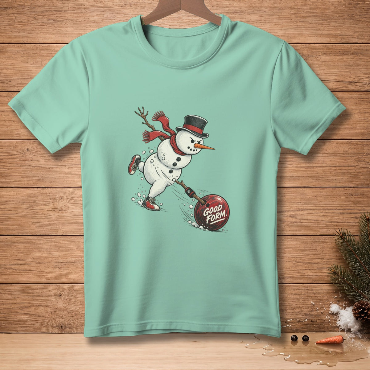 Snowman in top hat and scarf bowling a red ball with text "GOOD FORM".