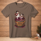 Snowmen in a barrel of grapes with "Small Batch" text on the barrel.