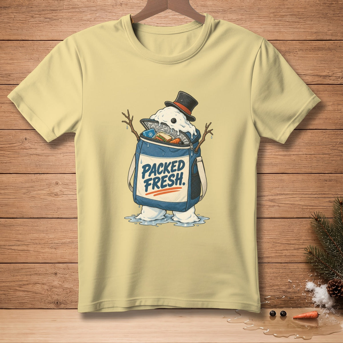 Yellow t-shirt with illustration of a melting snowman wearing a top hat and holding a cooler labeled "PACKED FRESH."