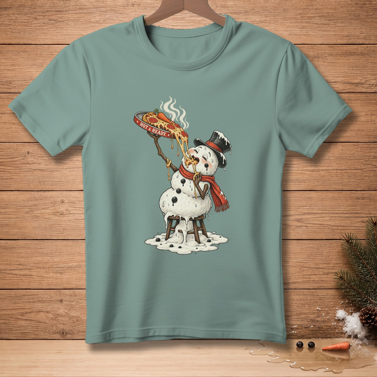 Melting snowman wearing a hat and scarf holding a slice of pizza with "HOT & READY" text.