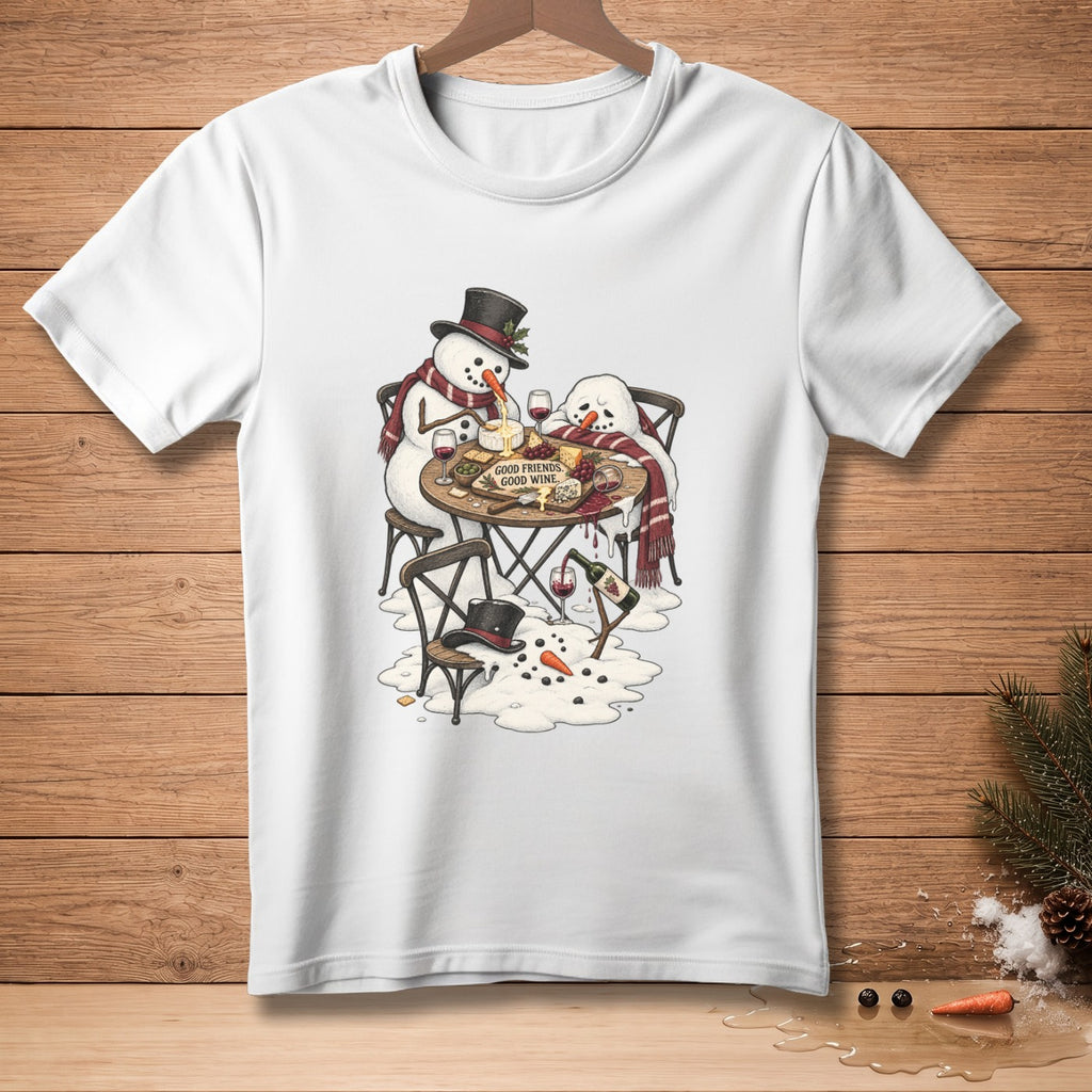 Two snowmen enjoy cheese and wine, with text "Good Friends, Good Wine".