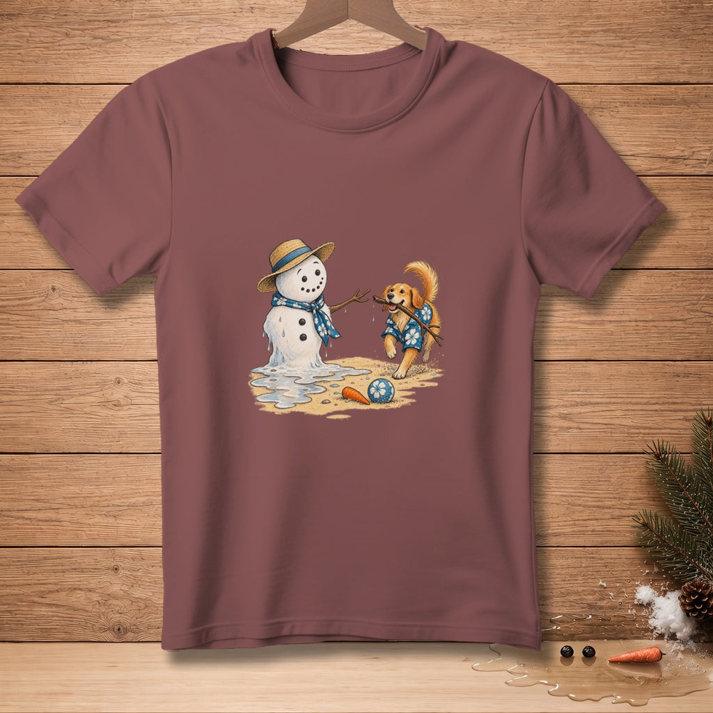 Melting snowman with straw hat and dog playing with stick on beach.
