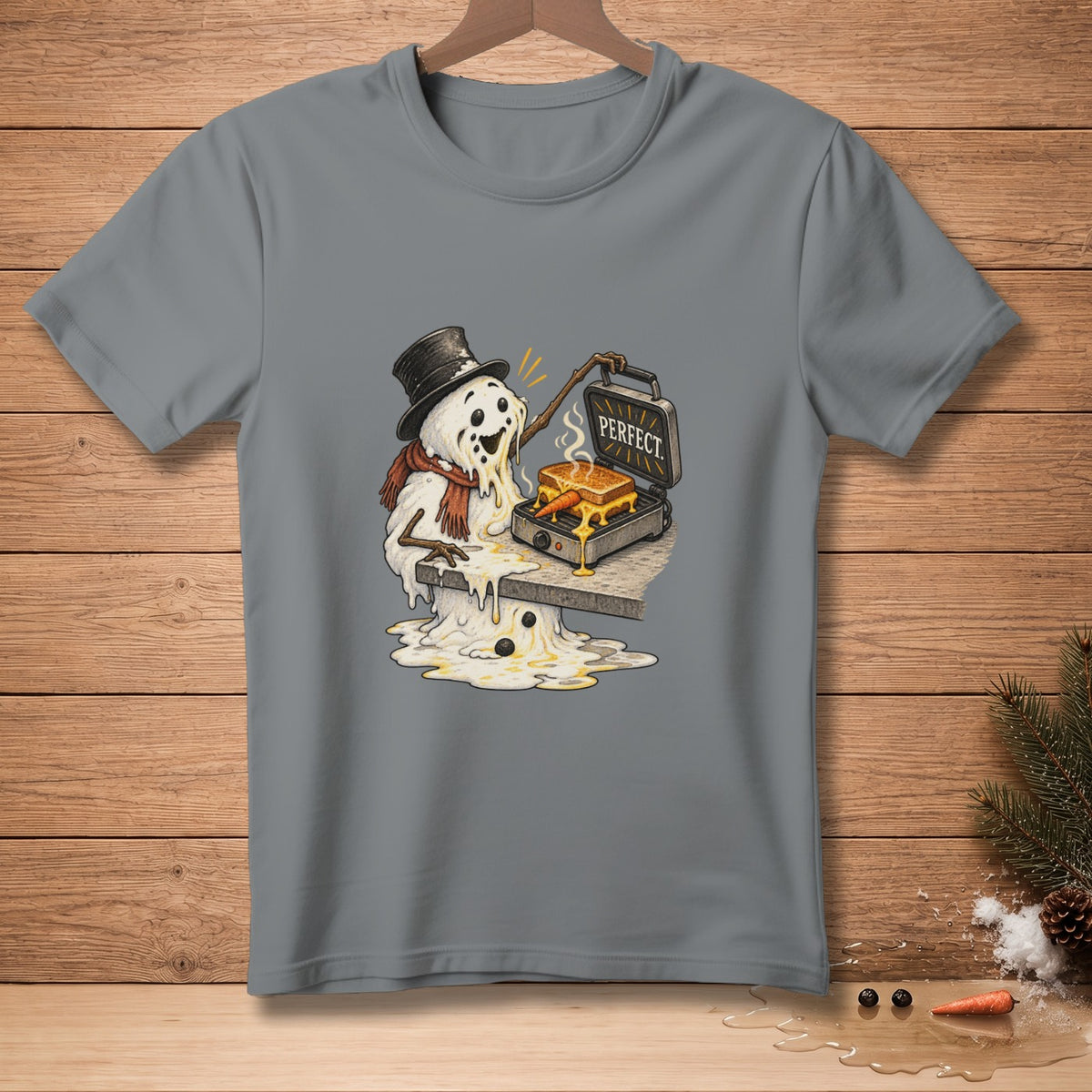 Melting snowman in top hat cooking grilled cheese, text reads PERFECT.