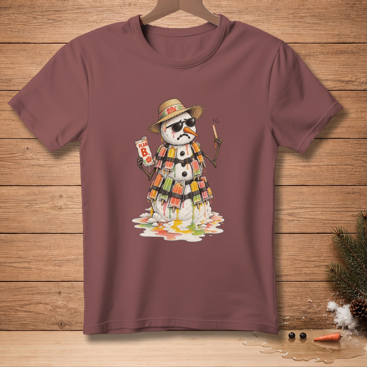 Melting snowman with sunglasses, straw hat, and popsicle suit holds "PLAN B" sign.