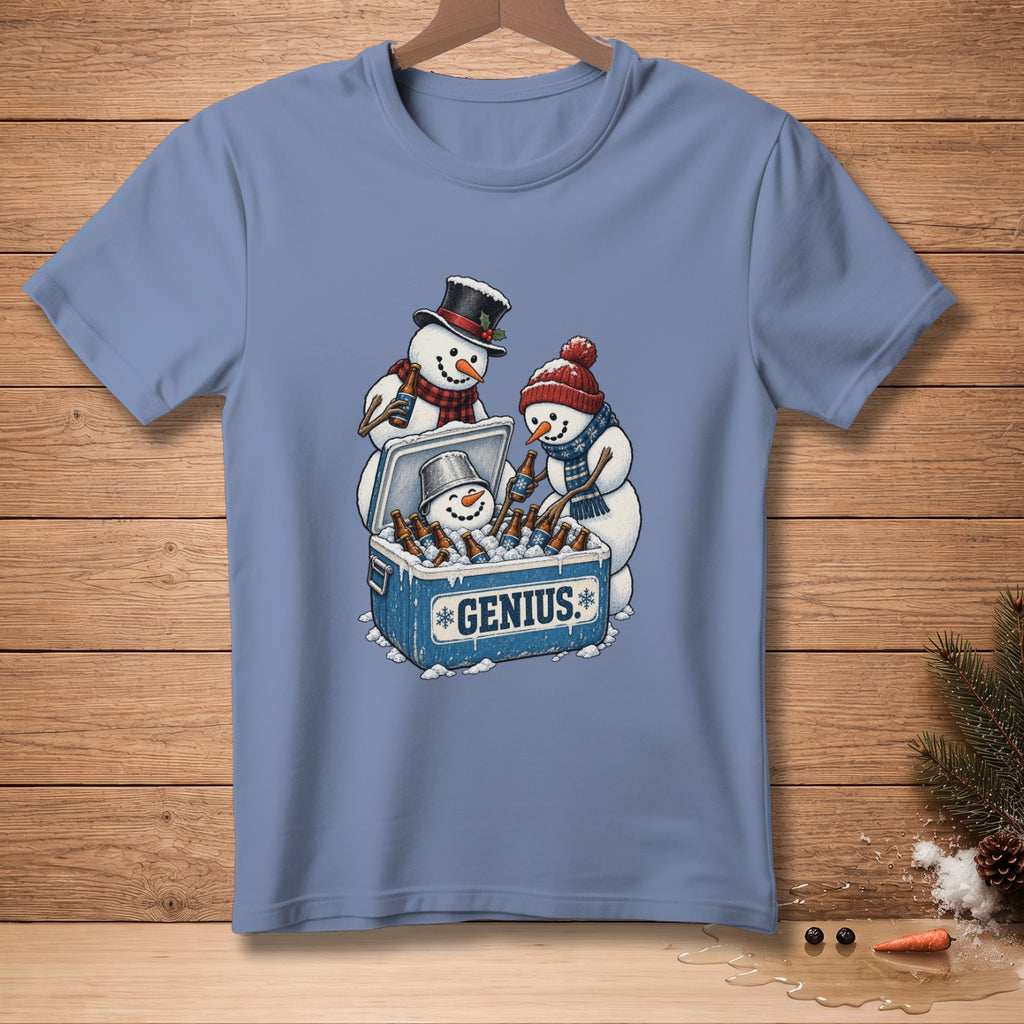 Three snowmen stand around a cooler filled with beer bottles, with "GENIUS" written on the cooler.