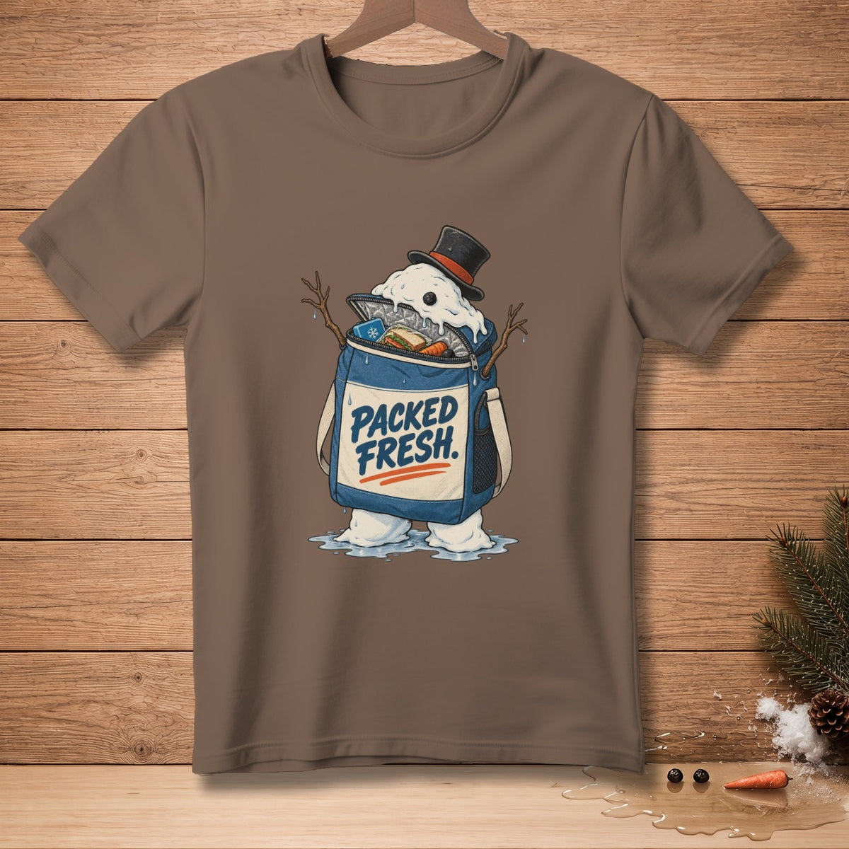 Snowman wearing a top hat, melting into a cooler bag that says "PACKED FRESH."