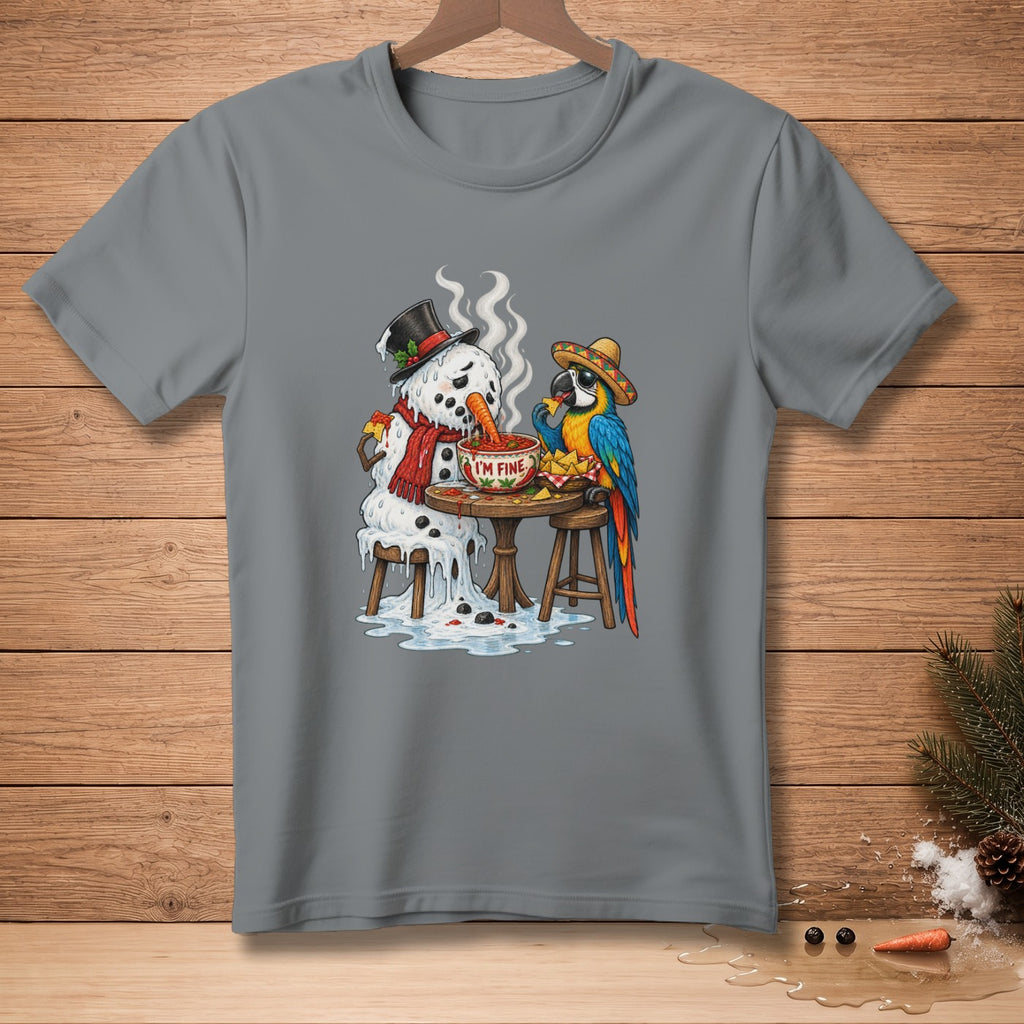 Melting snowman and parrot eat chips and salsa from a bowl labeled "I'm Fine".