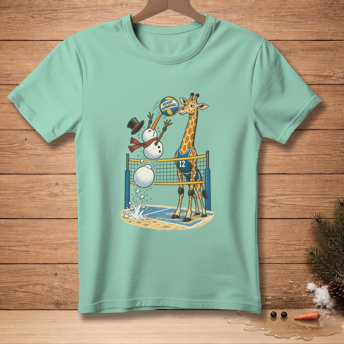 Giraffe and snowman playing volleyball with "Height Advantage" text on ball.