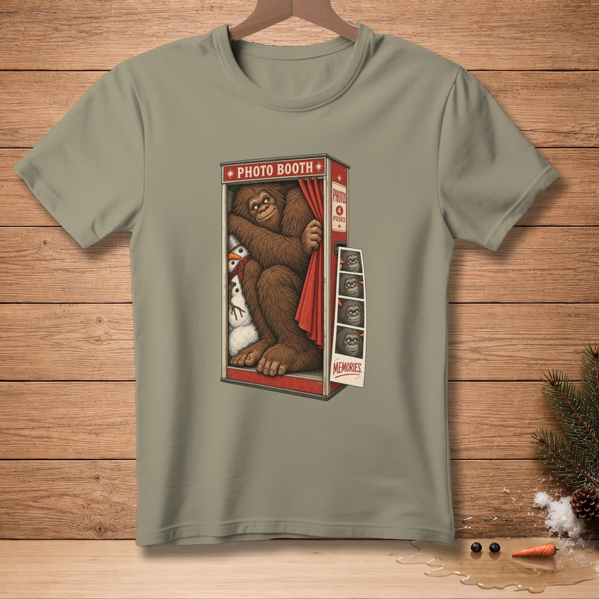 Bigfoot peeks from behind a red curtain in a photo booth with snowmen and photo strips.