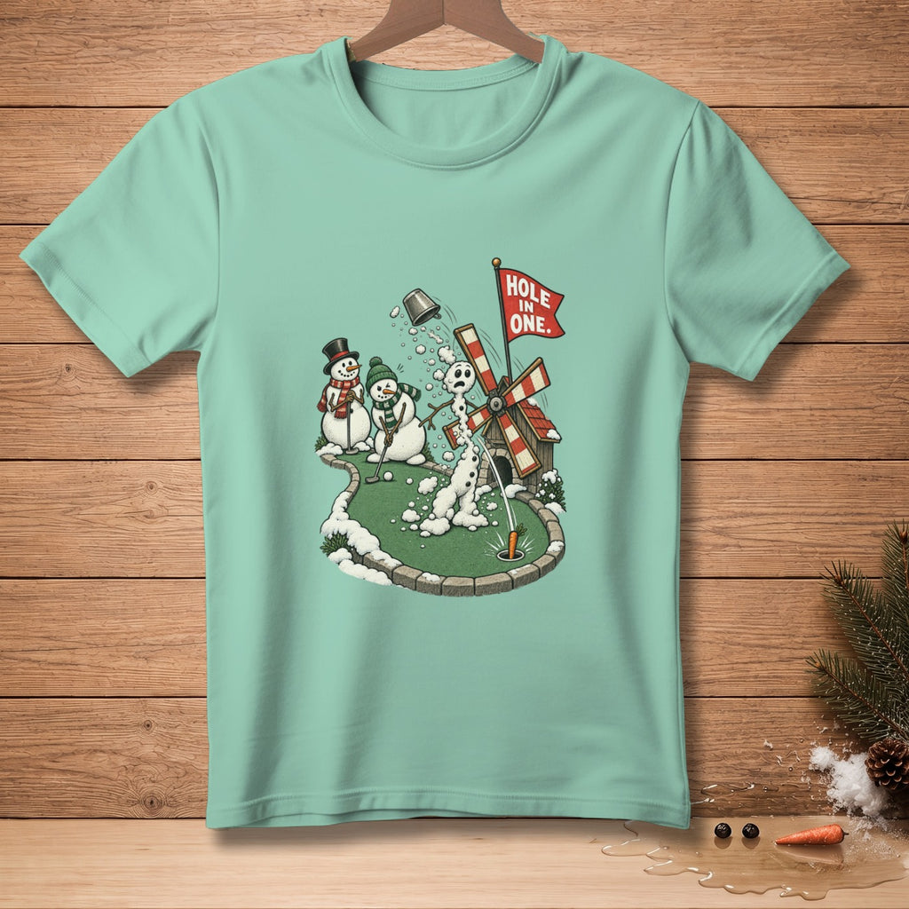 Golfing snowmen with a windmill and flag that says "Hole in One."