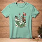 Golfing snowmen with a windmill and flag that says "Hole in One."