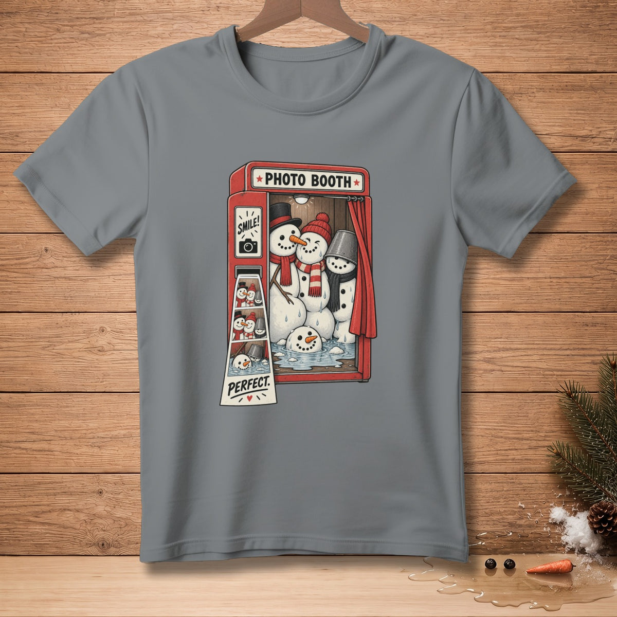 Snowmen in a photo booth with "PHOTO BOOTH" and "PERFECT" text.