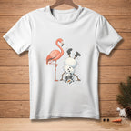 White t-shirt with cartoon flamingo next to a snowman doing a handstand.