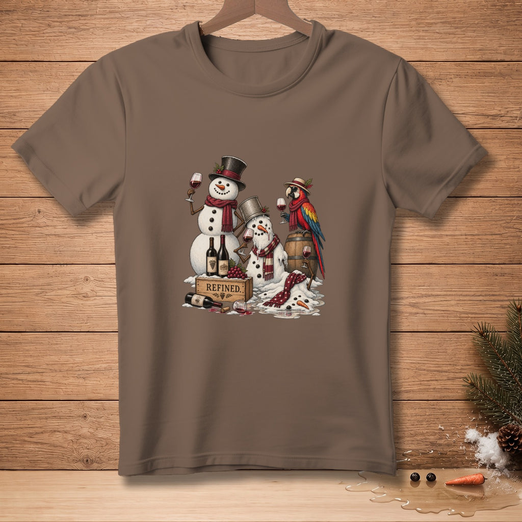 Snowmen and parrot with wine glasses, wine bottles, and a barrel.