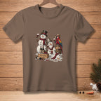 Snowmen and parrot with wine glasses, wine bottles, and a barrel.