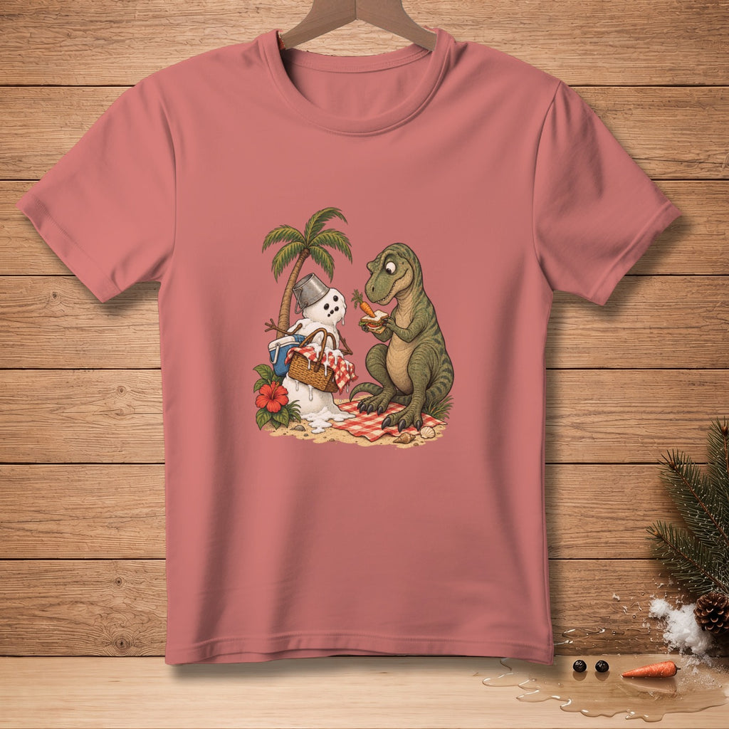 Cartoon T-Rex shares a carrot with a melting snowman having a beach picnic.