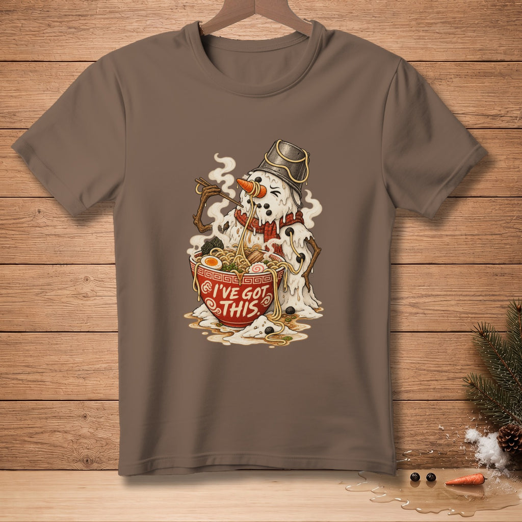 Melting snowman with bucket hat eating ramen, text "I'VE GOT THIS".