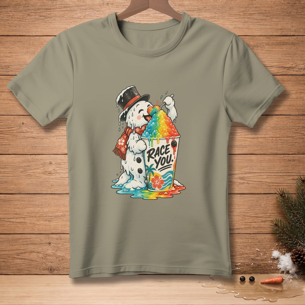 Snowman in hat and scarf eating rainbow shaved ice in a cup with "Race You" text.