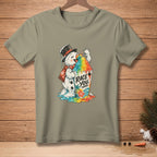 Snowman in hat and scarf eating rainbow shaved ice in a cup with "Race You" text.