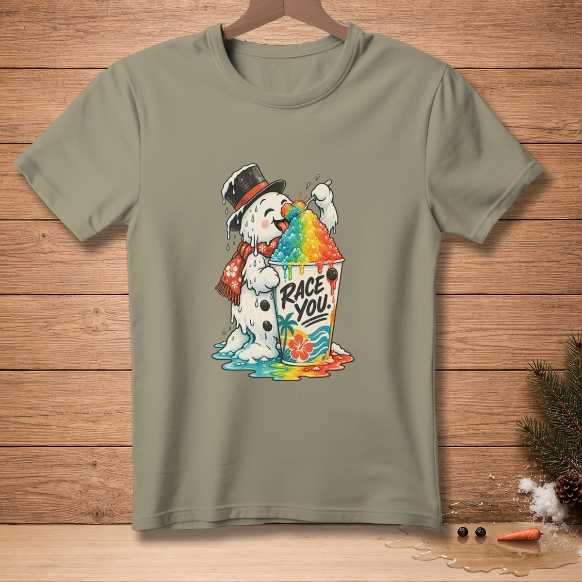 Snowman in hat and scarf eating rainbow shaved ice in a cup with "Race You" text.