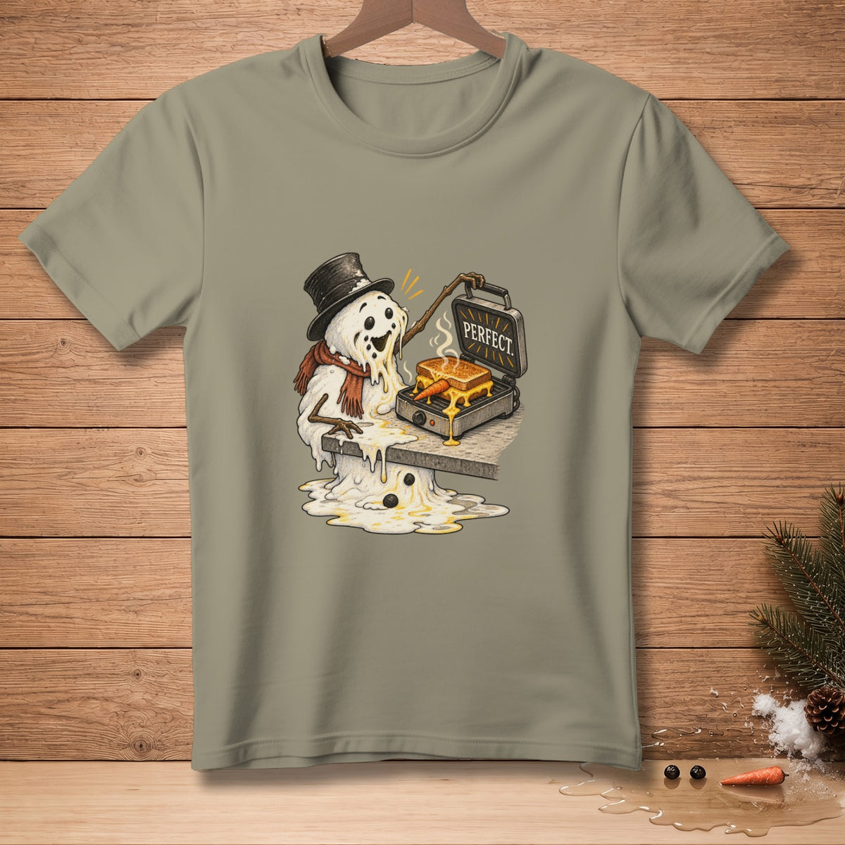 Melting snowman in a top hat and scarf making a grilled cheese sandwich.