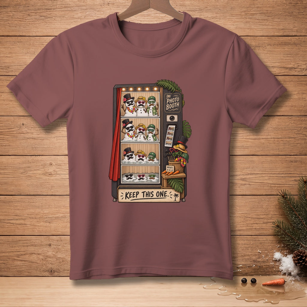 Cartoon snowmen in a photo booth with accessories and text "KEEP THIS ONE".