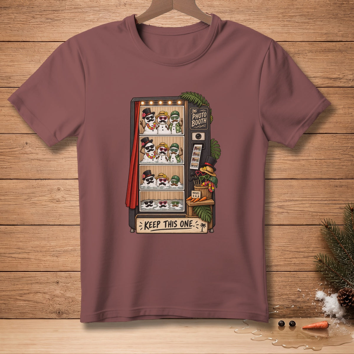 Cartoon snowmen in a photo booth with accessories and text "KEEP THIS ONE".