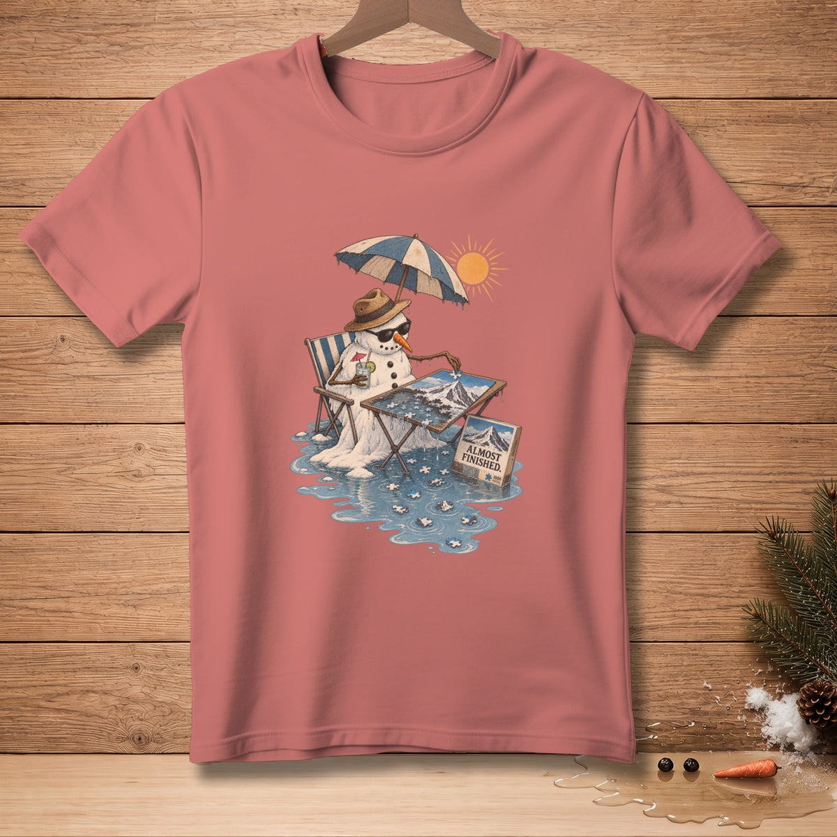 Melting snowman wearing sunglasses and hat assembling a puzzle, with umbrella.