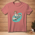 Snowmen with hats and scarves paddleboarding on a surfboard with the word "BALANCE".