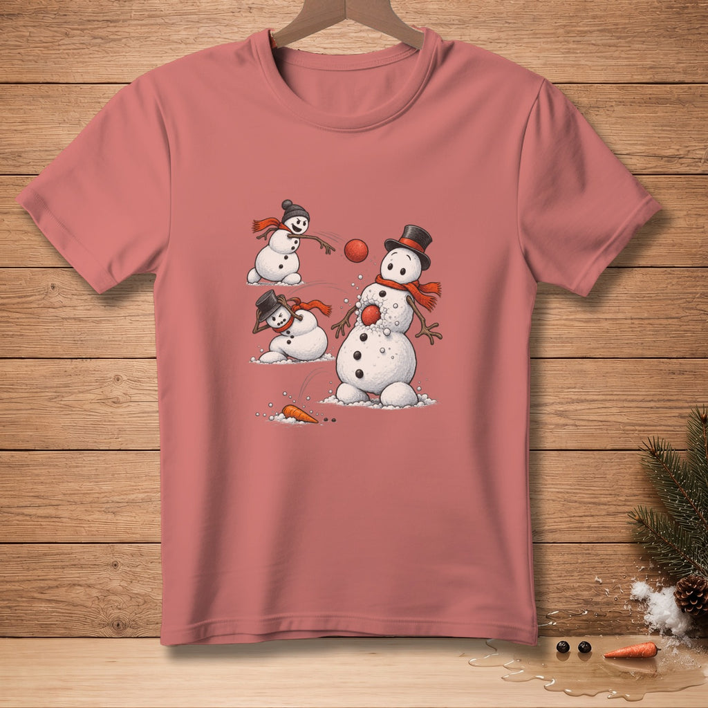 Shirt with cartoon snowmen playing snowball fight with a carrot and red balls.