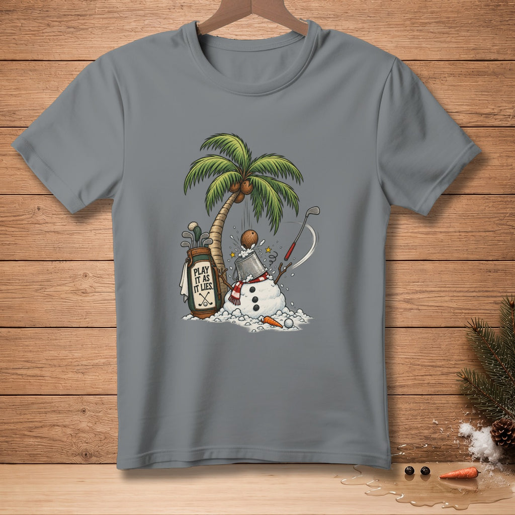 T-shirt with a snowman, palm tree, golf bag, and text "Play it as it lies."