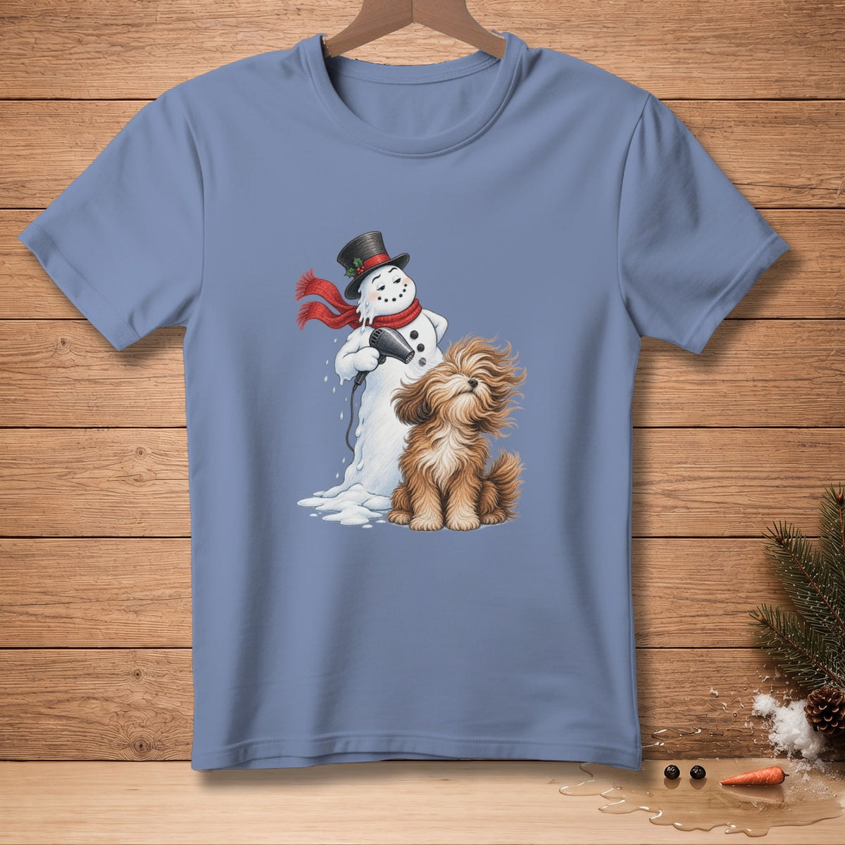 Snowman with red scarf and top hat drying fluffy dog with hairdryer
