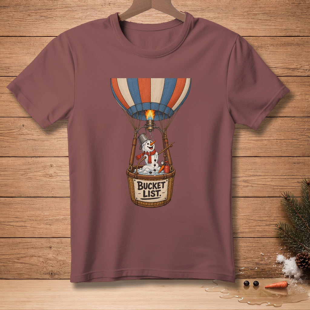 Snowman in hot air balloon basket with "Bucket List" text, flying with burner flame.